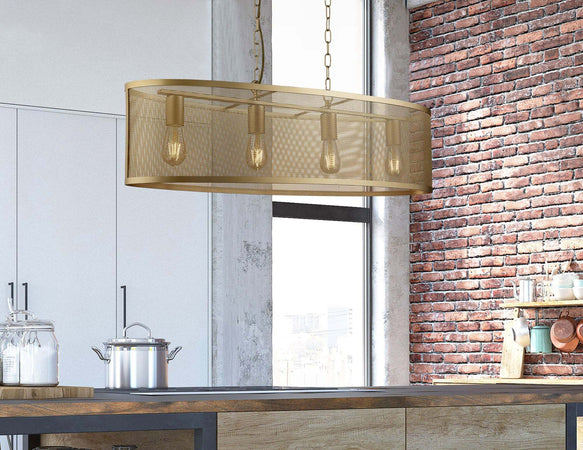 Lampadario-Industrial-Nordico-Rete-Acciaio-Oro-4-Luci-E27