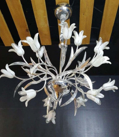 Lampadario-Lampada-Pendente-Fiori-Bianco-Acciaio-Vetro-Luce-Led-Sospensione-Soffitto