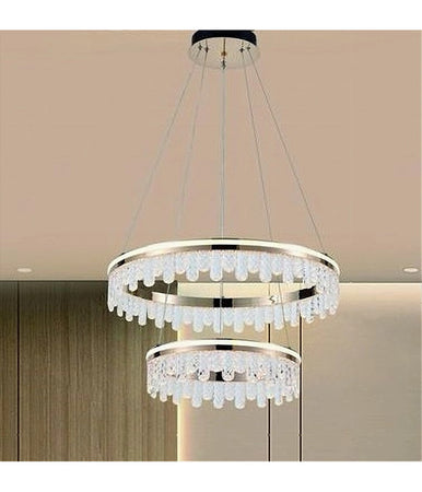 Lampadario Led A Sospensione Oro 72w 2 Cerchi Con Cristalli 3 Colori Luce Lp-55-3c