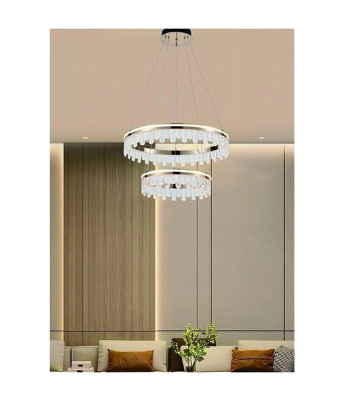 Lampadario Led A Sospensione Oro 72w 2 Cerchi Con Cristalli 3 Colori Luce Lp-55-3c
