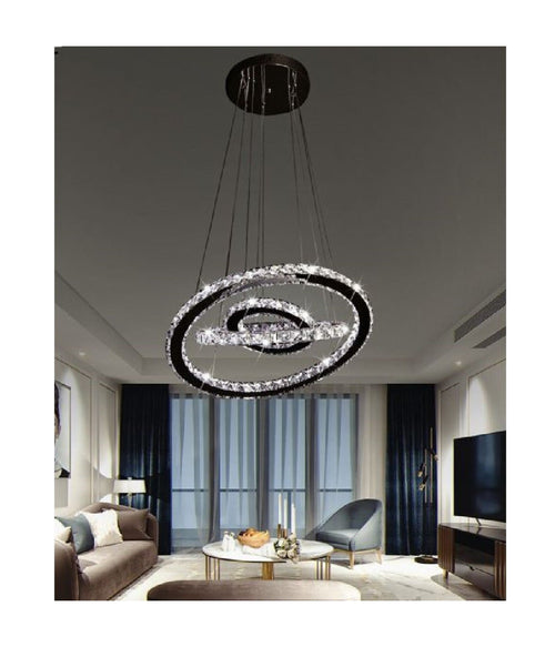 Lampadario Led Sospensione 55w 3 Anelli Cristalli Acrilico Luce 6500k 4000k B50