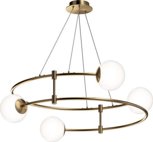 Lampadario-Minimal-Balance-In-Metallo-Oro-4-Luci-E-Diffusori-Sferici-Bianchi