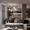 Lampadario-Minimal-Balance-In-Metallo-Oro-4-Luci-E-Diffusori-Sferici-Bianchi