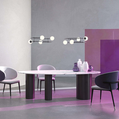Lampadario-Minimal-Balance-In-Metallo-Oro-6-Luci-E-Diffusori-Sferici-Bianchi