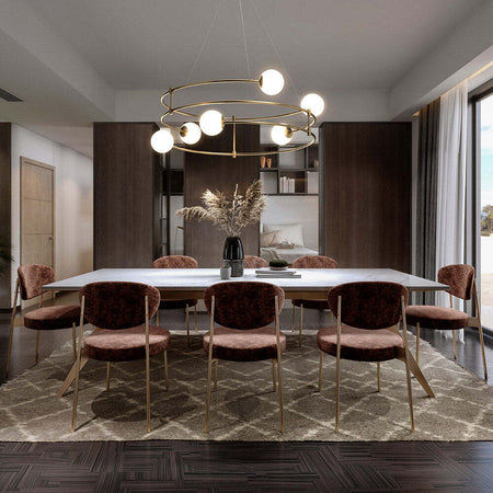 Lampadario-Minimal-Balance-In-Metallo-Oro-6-Luci-E-Diffusori-Sferici-Bianchi