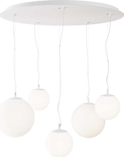Lampadario-Minimal-Basic-Form-In-Metallo-Bianco-5-Luci-Con-Diffusori-In-Vetro