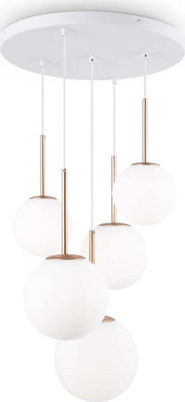 Lampadario-Minimal-Basic-Form-In-Metallo-Bianco-E-Oro-5-Luci-E-Diffusori-Vetro
