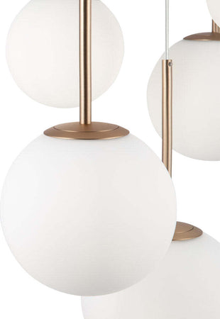 Lampadario-Minimal-Basic-Form-In-Metallo-Bianco-E-Oro-5-Luci-E-Diffusori-Vetro