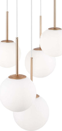 Lampadario-Minimal-Basic-Form-In-Metallo-Bianco-E-Oro-5-Luci-E-Diffusori-Vetro