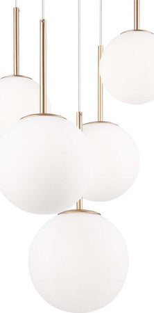Lampadario-Minimal-Basic-Form-In-Metallo-Bianco-E-Oro-5-Luci-E-Diffusori-Vetro