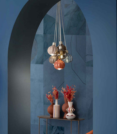 Lampadario-Mix-Vintage-Decò-Afoxe'-Alluminio-Ceramica-Vetro-6-Luci-E14