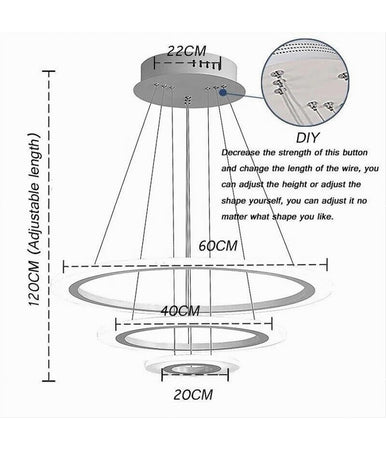 Lampadario Moderno Led A Sospensione 68w 3 Cerchi Regolabile Dimmerabile A66-b3c