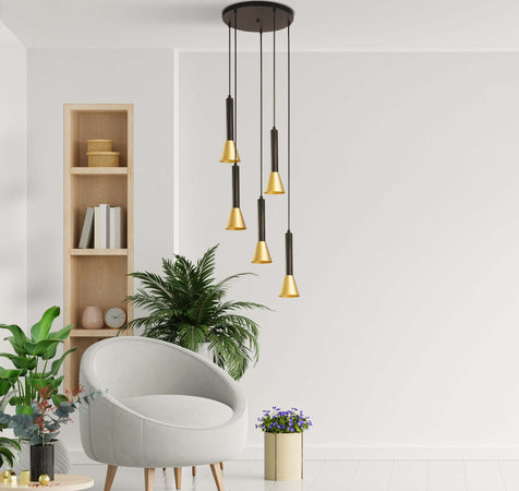Lampadario-Moderno-Signal-Acciaio-Nero-Oro-5-Luci-Gu10