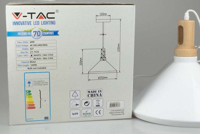 LAMPADARIO PENDENTE LAMPADA A SOSPENSIONE PARABOLA BIANCA BASE IN LEGNO VT-7535  Trade Shop italia - Napoli, Commerciovirtuoso.it