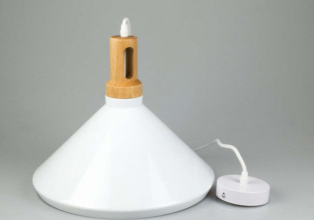 LAMPADARIO PENDENTE LAMPADA A SOSPENSIONE PARABOLA BIANCA BASE IN LEGNO VT-7535  Trade Shop italia - Napoli, Commerciovirtuoso.it