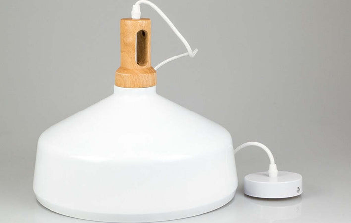 LAMPADARIO PENDENTE LAMPADA A SOSPENSIONE PARABOLA BIANCA BASE IN LEGNO VT-7545  Trade Shop italia - Napoli, Commerciovirtuoso.it
