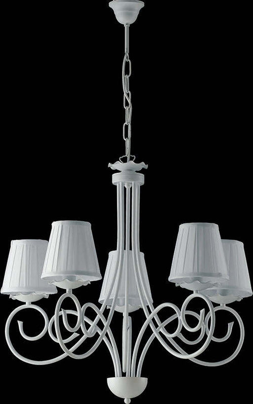 Lampadario-Provenzale-5-Luci-Ferro-Battuto-e-Paralumi-Bianco-Shabby-Serie-Alma