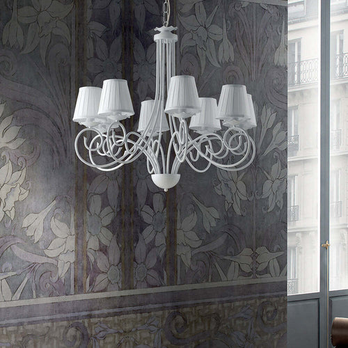 Lampadario-Provenzale-8-Luci-Ferro-Battuto-e-Paralumi-Bianco-Shabby-Serie-Alma