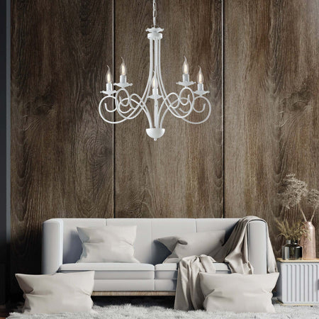 Lampadario-Provenzale-Candelabro-Alma-5-Luci-Ferro-Battuto-Bianco-Shabby