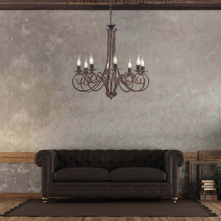 Lampadario-Provenzale-Candelabro-Alma-8-Luci-Ferro-Battuto-Nero-E-Rame