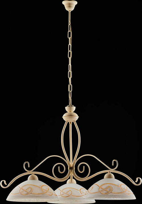 Lampadario-Rustico-3Luci-Ferro-Battuto-Avorio-e-Oro-Vetro-Ambra-Serie-Faraone