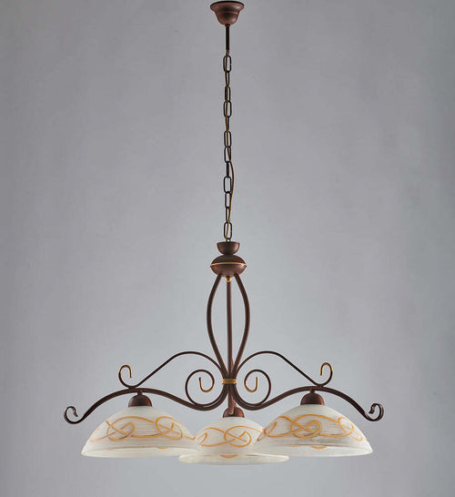 Lampadario-Rustico-3Luci-Ferro-Battuto-Nero-e-Ruggine-Vetro-Ambra-Serie-Faraone