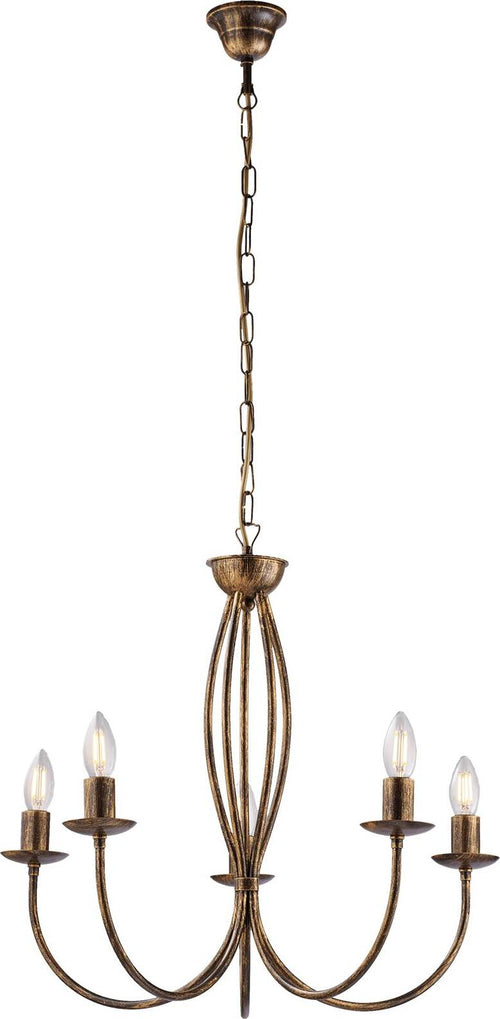 Lampadario-Rustico-Botte-5-Luci-In-Ferro-Battuto-Marrone-E-Oro