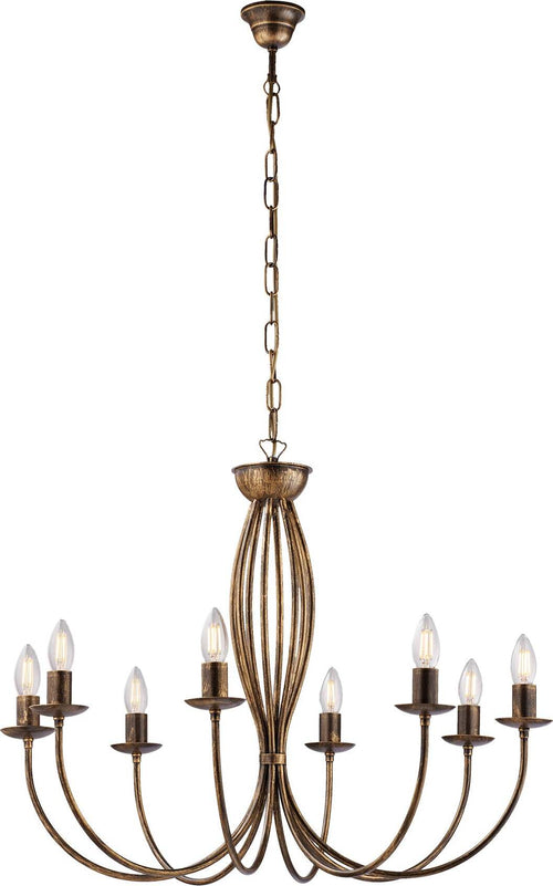 Lampadario-Rustico-Botte-8-Luci-In-Ferro-Battuto-Marrone-E-Oro