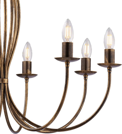 Lampadario-Rustico-Botte-8-Luci-In-Ferro-Battuto-Marrone-E-Oro