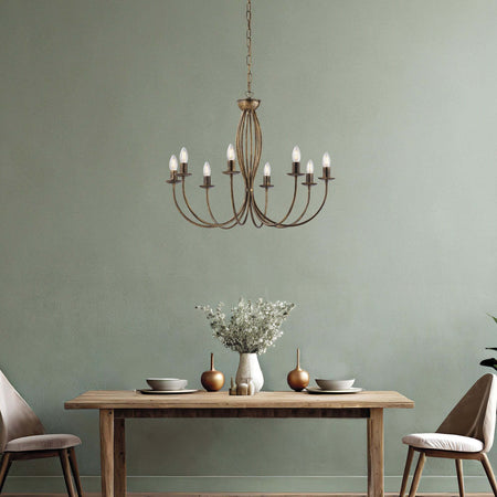 Lampadario-Rustico-Botte-8-Luci-In-Ferro-Battuto-Marrone-E-Oro