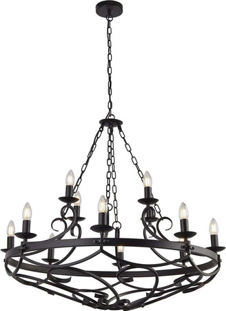 Lampadario-Rustico-Country-Cartwheel-Iii-Acciaio-Nero-12-Luci-E14