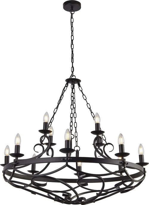 Lampadario-Rustico-Country-Cartwheel-Iii-Acciaio-Nero-12-Luci-E14
