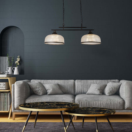 Lampadario-Rustico-Country-Highworth-Acciaio-Nero-Vetro-Trasparente-2-Luci-E27