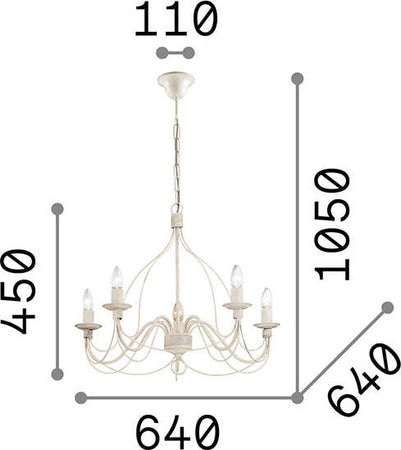 Lampadario-Shabby-Chic-Provenzale-Corte-Metallo-Bianco-5-Luci-E14