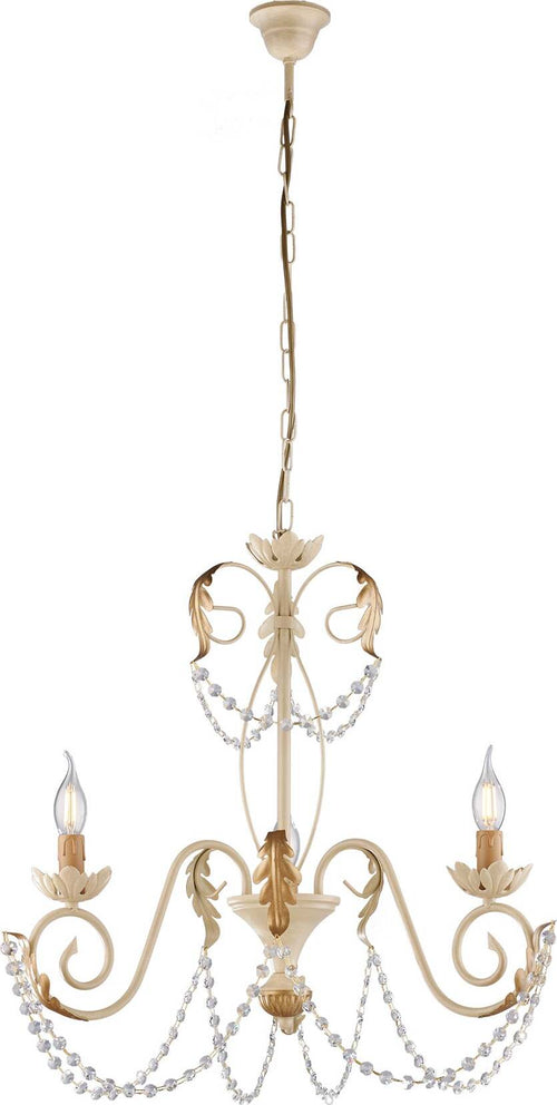 Lampadario-Shabby-Damasco-3-Luci-Ferro-Battuto-Avorio-E-Oro-Con-Cristalli