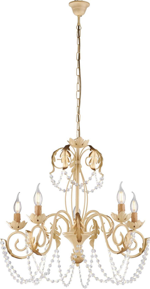 Lampadario-Shabby-Damasco-5-Luci-Ferro-Battuto-Avorio-E-Oro-Con-Cristalli
