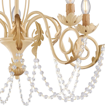 Lampadario-Shabby-Damasco-5-Luci-Ferro-Battuto-Avorio-E-Oro-Con-Cristalli
