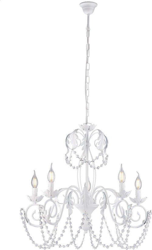 Lampadario-Shabby-Damasco-5-Luci-Ferro-Battuto-Bianco-E-Cristalli