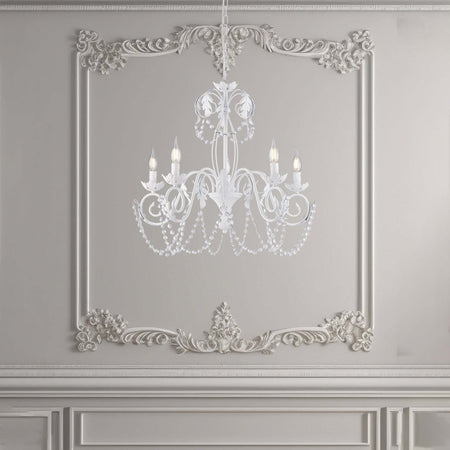 Lampadario-Shabby-Damasco-5-Luci-Ferro-Battuto-Bianco-E-Cristalli