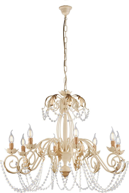 Lampadario-Shabby-Damasco-8-Luci-Ferro-Battuto-Avorio-E-Oro-Con-Cristalli