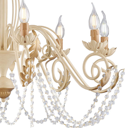 Lampadario-Shabby-Damasco-8-Luci-Ferro-Battuto-Avorio-E-Oro-Con-Cristalli