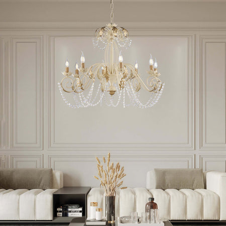 Lampadario-Shabby-Damasco-8-Luci-Ferro-Battuto-Avorio-E-Oro-Con-Cristalli