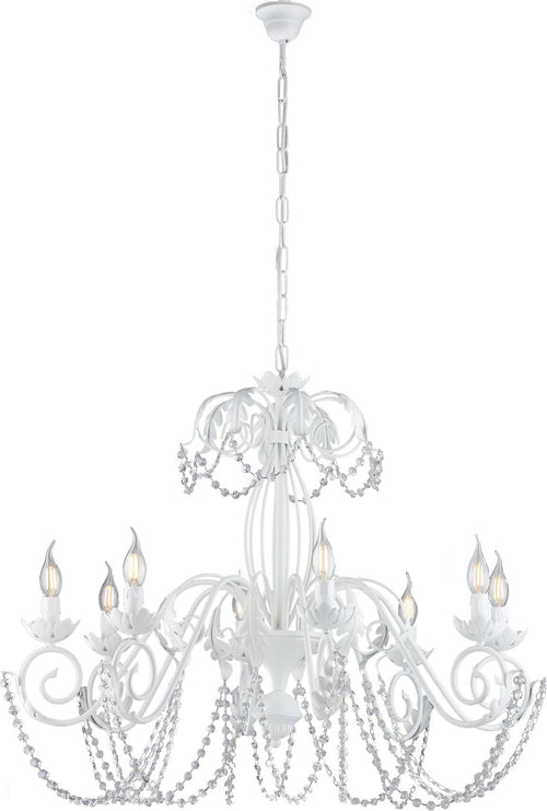Lampadario-Shabby-Damasco-8-Luci-Ferro-Battuto-Bianco-E-Cristalli
