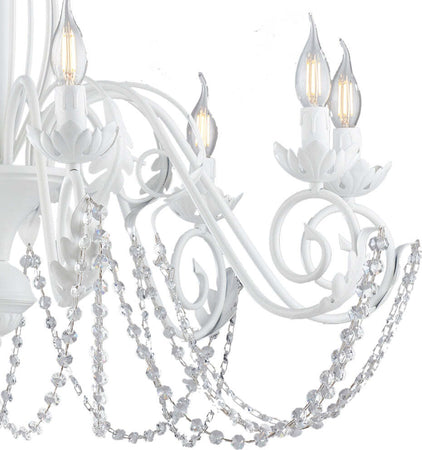 Lampadario-Shabby-Damasco-8-Luci-Ferro-Battuto-Bianco-E-Cristalli