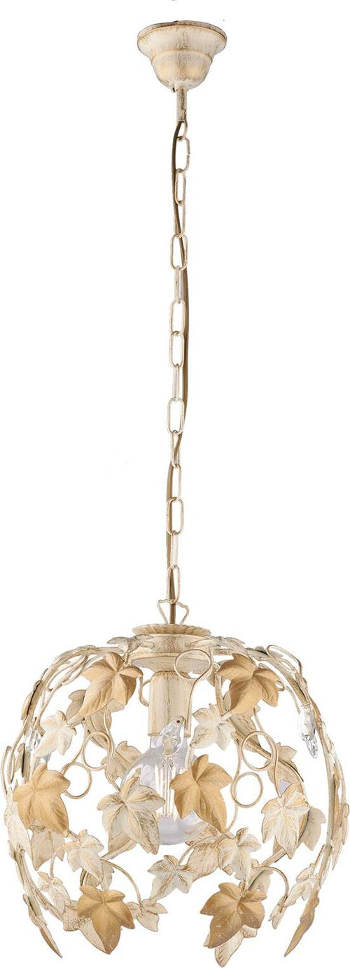 Lampadario-Shabby-Edera-1-Luce-Ferro-Battuto-Avorio-Oro-Con-Foglie-E-Cristalli