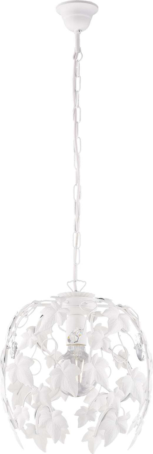 Lampadario-Shabby-Edera-1-Luce-Ferro-Battuto-Bianco-Con-Foglie-E-Cristalli