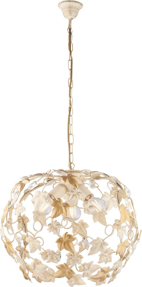 Lampadario-Shabby-Edera-3-Luci-Ferro-Battuto-Avorio-Oro-Con-Foglie-E-Cristalli