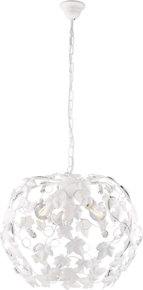Lampadario-Shabby-Edera-3-Luci-Ferro-Battuto-Bianco-Con-Foglie-E-Cristalli