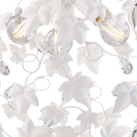 Lampadario-Shabby-Edera-3-Luci-Ferro-Battuto-Bianco-Con-Foglie-E-Cristalli