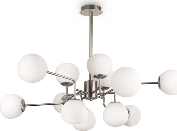 Lampadario-Sospensione-Erich-In-Metallo-Nichel-12-Luci-E-Diffusori-Bianchi